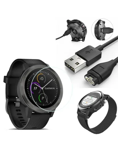 Kit Bracelete Milanese Loop Fecho Magnético + Carregador + Película para Garmin VivoActive 3 - Preto