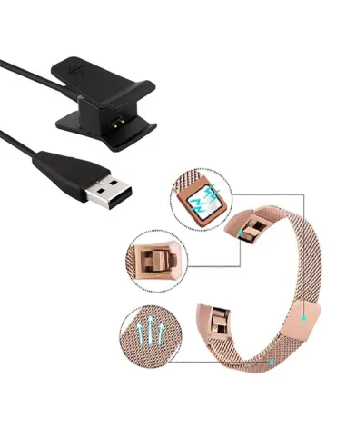 Kit Bracelete Milanese Loop Fecho Magnético + Carregador para Fitbit Alta - Rosa