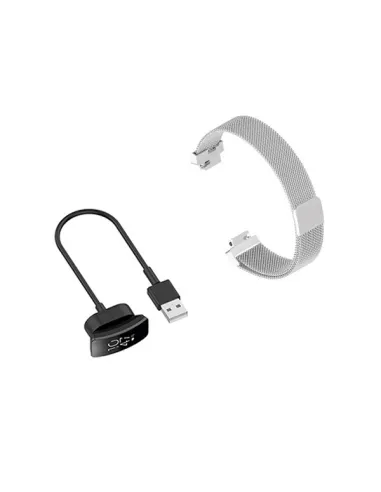 Kit Bracelete Milanese Loop Fecho Magnético + Carregador para Fitbit Inspire - Cinza