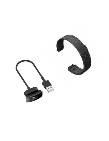 Kit Bracelete Milanese Loop Fecho Magnético + Carregador para Fitbit Inspire - Preto