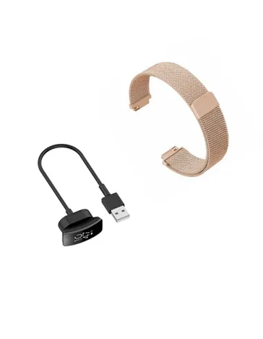 Kit Bracelete Milanese Loop Fecho Magnético + Carregador para Fitbit Inspire - Rosa