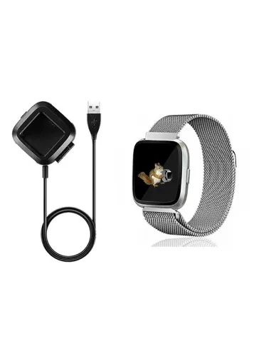 Kit Bracelete Milanese Loop Fecho Magnético + Carregador para Fitbit Versa - Cinza