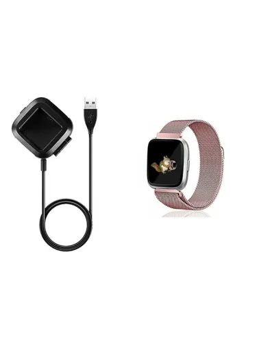 Kit Bracelete Milanese Loop Fecho Magnético + Carregador para Fitbit Versa Lite - Rosa