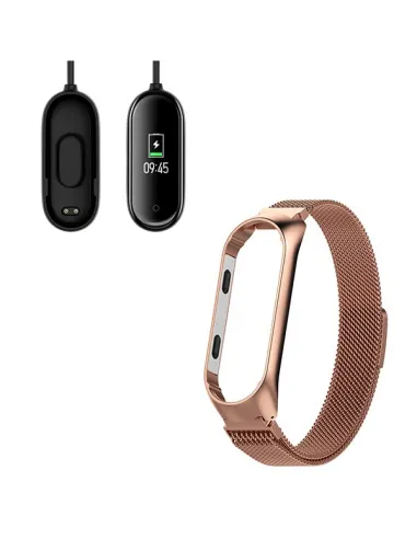 Kit Bracelete Milanese Loop Fecho Magnético + Carregador para Xiaomi Mi Band 4 - Ouro Rosa