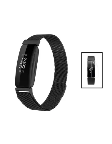 Kit Bracelete Milanese Loop Fecho Magnético + Película de Gel Full Cover para Fitbit Ace 2 - Preto / Transparente