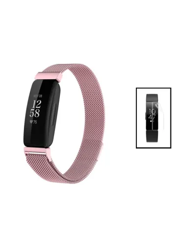 Kit Bracelete Milanese Loop Fecho Magnético + Película de Gel Full Cover para Fitbit Ace 2 - Rosa / Transparente