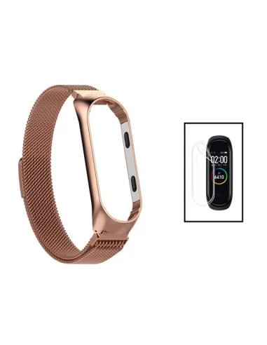 Kit Bracelete Milanese Loop Fecho Magnético + Película de Gel Full Cover para Xiaomi Mi Band 7 - Rosa Ouro / Transparente