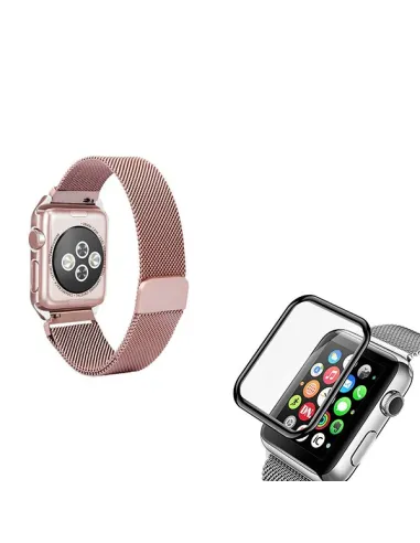 Kit Bracelete Milanese Loop Fecho Magnético + Película de Vidro 3D para Apple Watch Series 3 - 42mm - Rosa