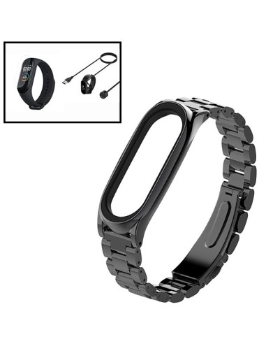 Kit Bracelete Aço Stainless Lux + Ferramenta + Carregador Usb Charger + Película Protectora Ecrã Gel Full Cover para AmazFit Ban