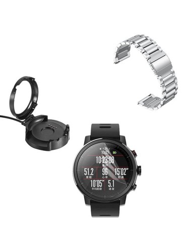 Kit Bracelete Aço Stainless Lux + Ferramenta + Carregador Usb Charger + Película Protectora Ecrã Gel Full Cover para AmazFit Pac