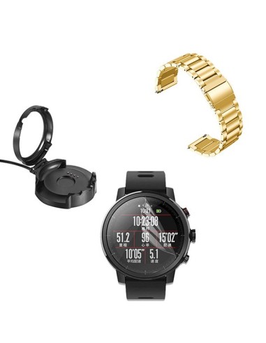 Kit Bracelete Aço Stainless Lux + Ferramenta + Carregador Usb Charger + Película Protectora Ecrã Gel Full Cover para AmazFit Pac