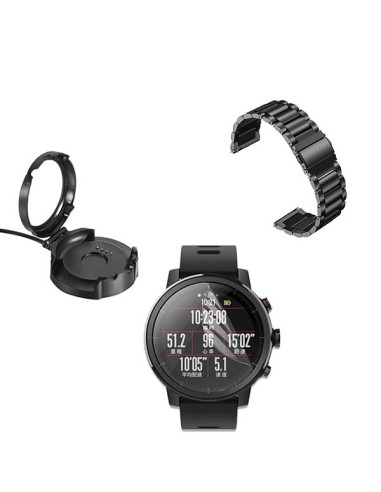 Kit Bracelete Aço Stainless Lux + Ferramenta + Carregador Usb Charger + Película Protectora Ecrã Gel Full Cover para AmazFit Pac