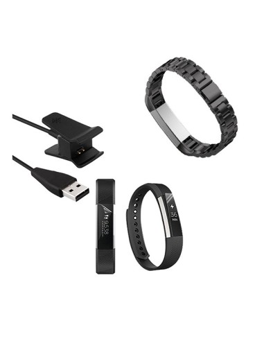 Kit Bracelete Aço Stainless Lux + Ferramenta + Carregador Usb Charger + Película Protectora Ecrã Gel Full Cover para Fitbit Alta