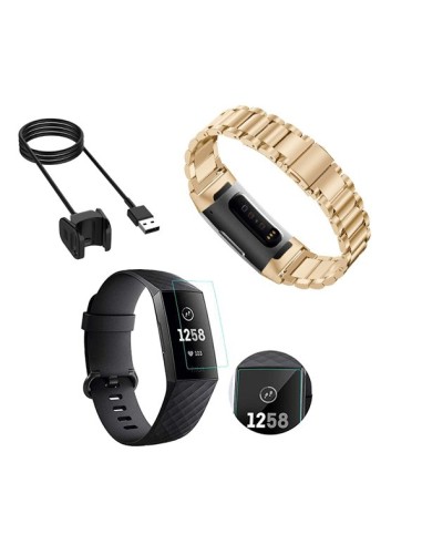 Kit Bracelete Aço Stainless Lux + Ferramenta + Carregador Usb Charger + Película Protectora Ecrã Gel Full Cover para Fitbit Char