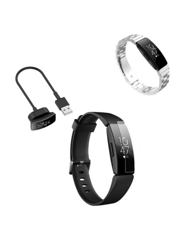 Kit Bracelete Aço Stainless Lux + Ferramenta + Carregador Usb Charger + Película Protectora Ecrã Gel Full Cover para Fitbit Insp