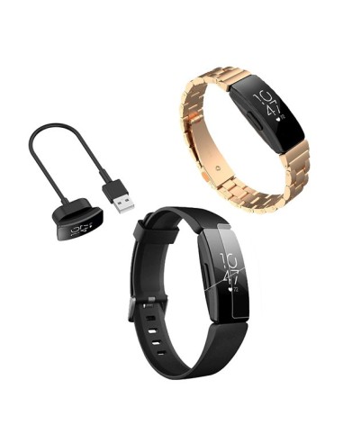 Kit Bracelete Aço Stainless Lux + Ferramenta + Carregador Usb Charger + Película Protectora Ecrã Gel Full Cover para Fitbit Insp