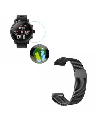 Kit Bracelete Milanese Loop Fecho Magnético + Película Protectora Ecrã Gel Full Cover para AmazFit Pace 2 - Preto