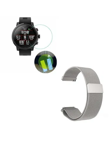 Kit Bracelete Milanese Loop Fecho Magnético + Película Protectora Ecrã Gel Full Cover para AmazFit Stratos - Cinza