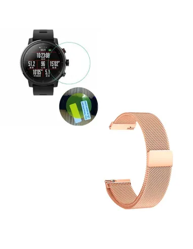 Kit Bracelete Milanese Loop Fecho Magnético + Película Protectora Ecrã Gel Full Cover para AmazFit Stratos - Rosa