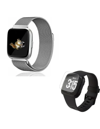 Kit Bracelete Milanese Loop Fecho Magnético + Película Protectora Ecrã Gel Full Cover para Fitbit Versa - Cinza