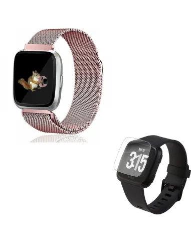 Kit Bracelete Milanese Loop Fecho Magnético + Película Protectora Ecrã Gel Full Cover para Fitbit Versa - Rosa