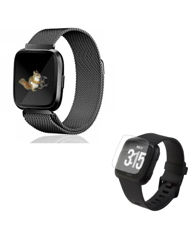 Kit Bracelete Milanese Loop Fecho Magnético + Película Protectora Ecrã Gel Full Cover para Fitbit Versa Lite - Preto