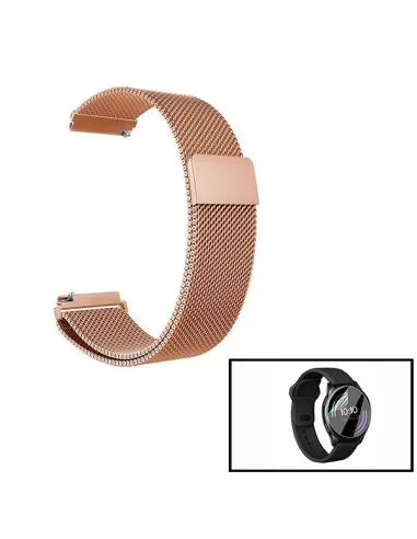 Kit Bracelete Milanese Loop Fecho Magnético + Película Protectora Ecrã Gel Full Cover para OnePlus Watch - Rosa Ouro