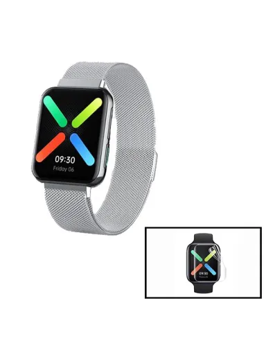 Kit Bracelete Milanese Loop Fecho Magnético + Película Protectora Ecrã Gel Full Cover para Oppo Watch 41mm - Cinza