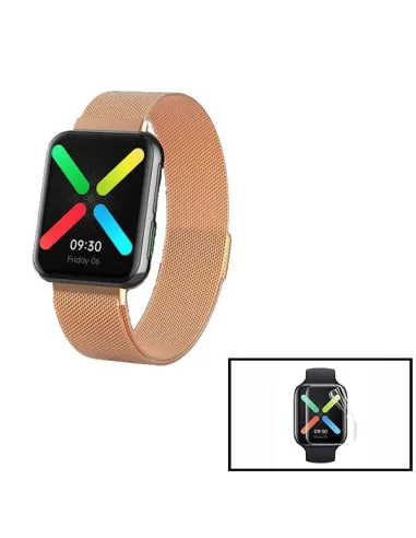 Kit Bracelete Milanese Loop Fecho Magnético + Película Protectora Ecrã Gel Full Cover para Oppo Watch 41mm - Rosa Ouro