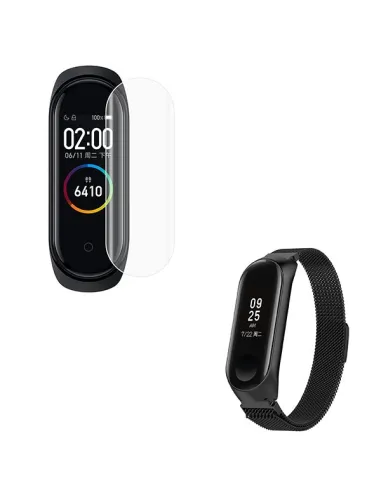 Kit Bracelete Milanese Loop Fecho Magnético + Película Protectora Ecrã Gel Full Cover para Xiaomi Mi Band 5 - Preto