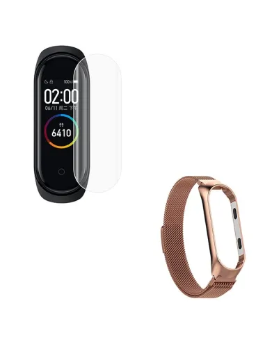 Kit Bracelete Milanese Loop Fecho Magnético + Película Protectora Ecrã Gel Full Cover para Xiaomi Mi Band 6 - Ouro Rosa