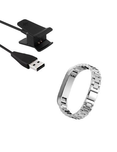 Kit Bracelete Aço Stainless Lux + Ferramenta + Carregador Usb Charger para Fitbit Alta - Cinza