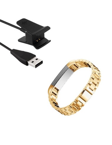Kit Bracelete Aço Stainless Lux + Ferramenta + Carregador Usb Charger para Fitbit Alta - Ouro