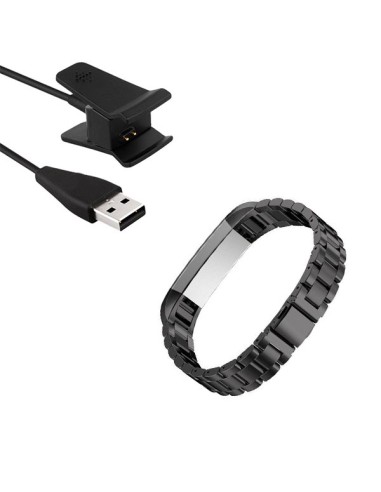 Kit Bracelete Aço Stainless Lux + Ferramenta + Carregador Usb Charger para Fitbit Alta - Preto