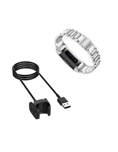 Kit Bracelete Aço Stainless Lux + Ferramenta + Carregador Usb Charger para Fitbit Charge 3 - Cinza