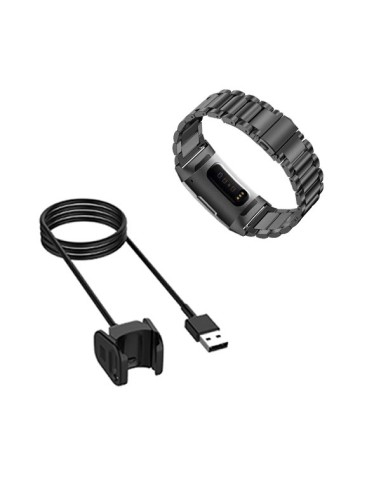 Kit Bracelete Aço Stainless Lux + Ferramenta + Carregador Usb Charger para Fitbit Charge 3 - Preto