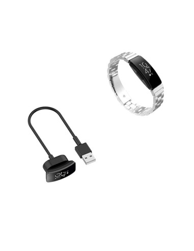 Kit Bracelete Aço Stainless Lux + Ferramenta + Carregador Usb Charger para Fitbit Inspire - Cinza