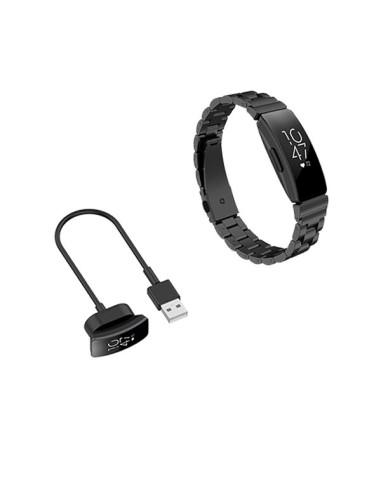 Kit Bracelete Aço Stainless Lux + Ferramenta + Carregador Usb Charger para Fitbit Inspire - Preto