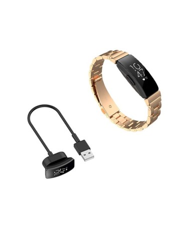 Kit Bracelete Aço Stainless Lux + Ferramenta + Carregador Usb Charger para Fitbit Inspire HR - Ouro