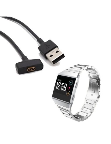 Kit Bracelete Aço Stainless Lux + Ferramenta + Carregador Usb Charger para Fitbit Ionic - Cinza