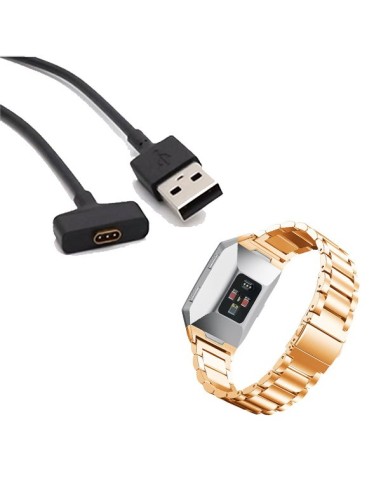 Kit Bracelete Aço Stainless Lux + Ferramenta + Carregador Usb Charger para Fitbit Ionic - Ouro