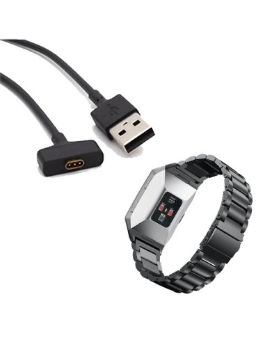 Kit Bracelete Aço Stainless Lux + Ferramenta + Carregador Usb Charger para Fitbit Ionic - Preto
