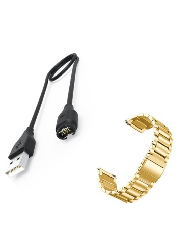 Kit Bracelete Aço Stainless Lux + Ferramenta + Carregador Usb Charger para Garmin Forerunner 645 - Ouro