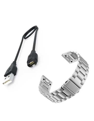 Kit Bracelete Aço Stainless Lux + Ferramenta + Carregador Usb Charger para Garmin Forerunner 945 - Cinza