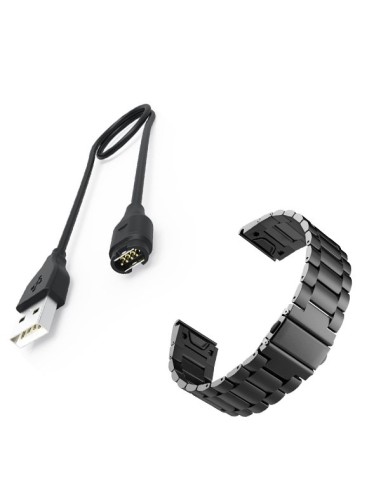 Kit Bracelete Aço Stainless Lux + Ferramenta + Carregador Usb Charger para Garmin Forerunner 945 - Preto