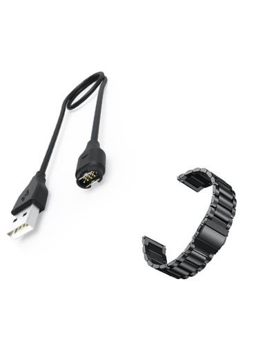 Kit Bracelete Aço Stainless Lux + Ferramenta + Carregador Usb Charger para Garmin VivoActive 3 - Preto