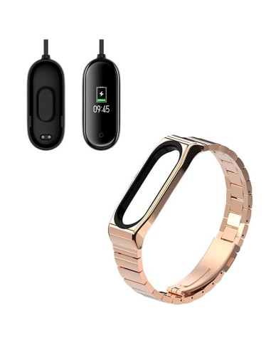 Kit Bracelete Aço Stainless Lux + Ferramenta + Carregador Usb Charger para Xiaomi Mi Band 4 - Ouro