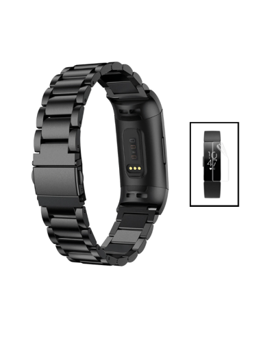 Kit Bracelete Aço Stainless Lux + Ferramenta + Película de Gel Full Cover para Fitbit Ace 2 - Preto / Transparente