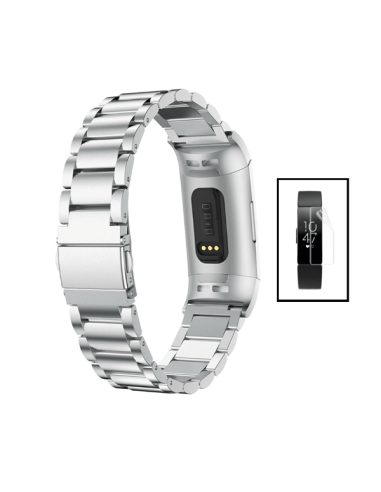 Kit Bracelete Aço Stainless Lux + Ferramenta + Película de Gel Full Cover para Fitbit Inspire 2 - Cinza / Transparente