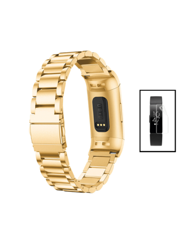 Kit Bracelete Aço Stainless Lux + Ferramenta + Película de Gel Full Cover para Fitbit Inspire 2 - Ouro / Transparente